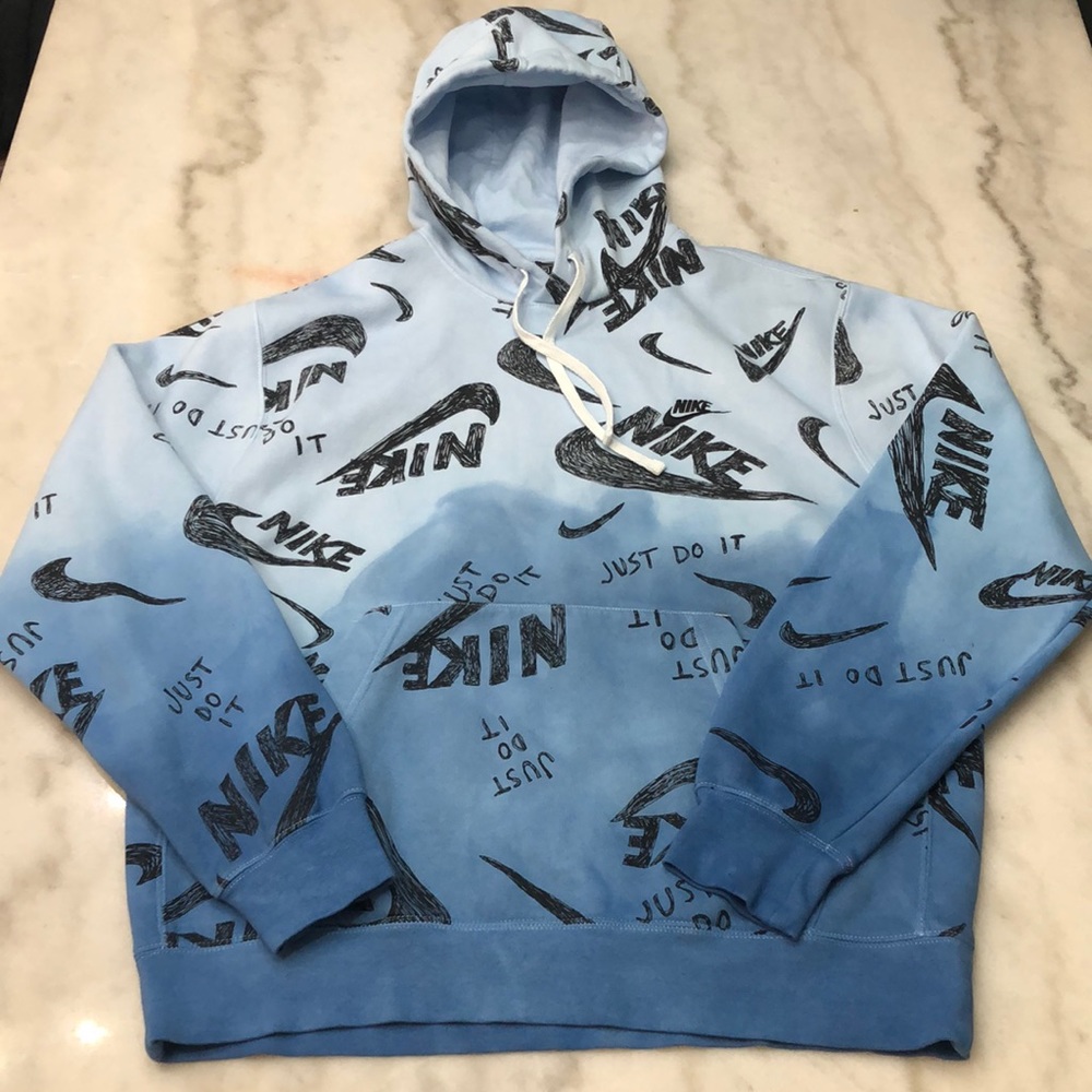 Nike Pullover Hoodie AOP Tie-Dyed Size Medium Blue/Light Blue/Black